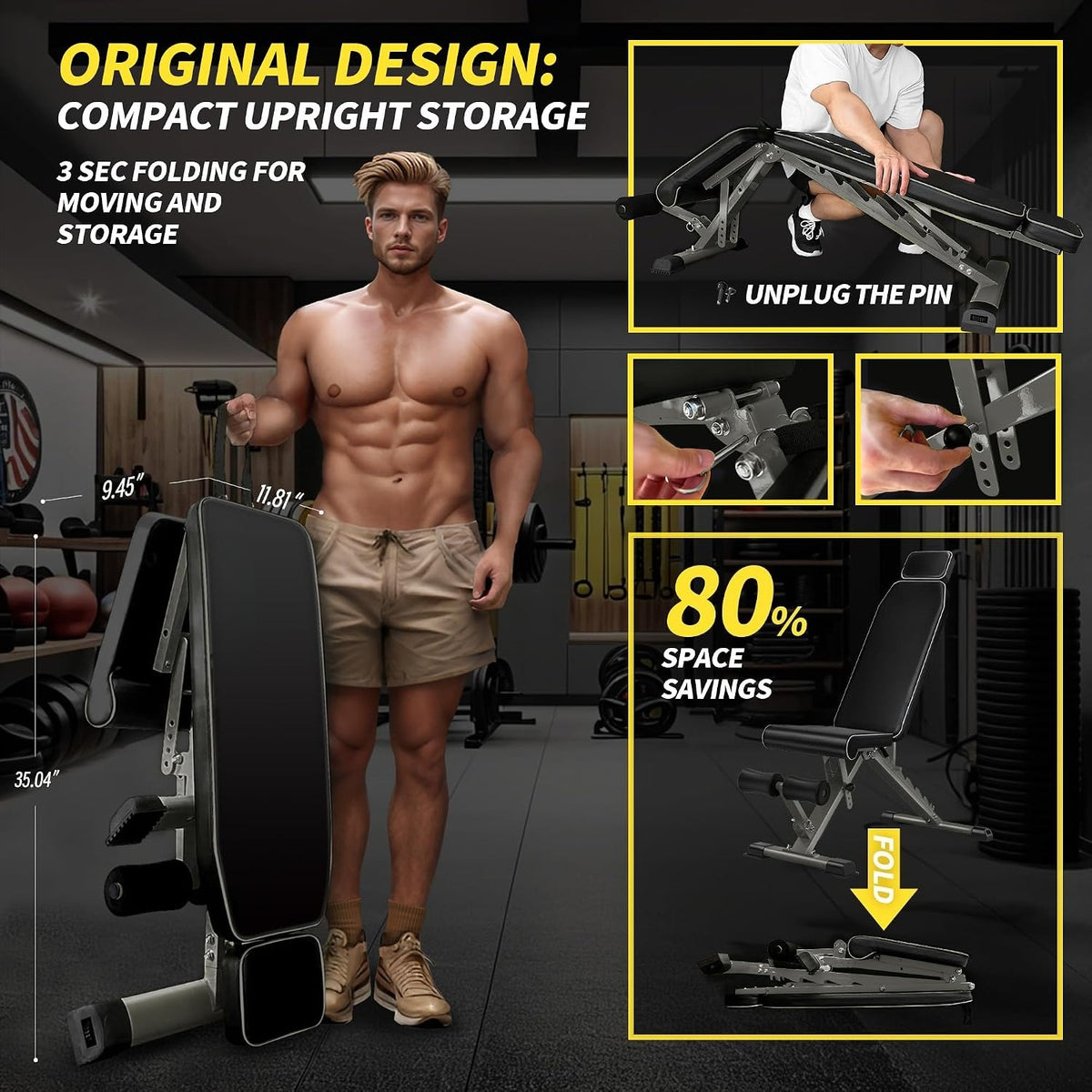 1000LB Yellow Fast Folding Adjustable Weight Bench